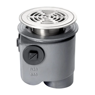 Frost Floor drain 178mm circular stainless steel grating for vinyl floors with medium sump -'S' trap - spigot outlet size 100mm