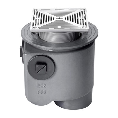 Frost Floor drain 150mm square stainless steel grating 3mm slots with medium sump -'S' trap - spigot outlet size 100mm