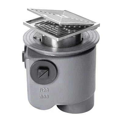Frost Floor drain 150mm square nickel bronze grating with hinged cover plate with medium sump -'S' trap - spigot outlet size 100mm