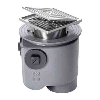 Frost Floor drain 150mm square stainless steel grating with hinged cover plate with medium sump -'S' trap - spigot outlet size 100mm