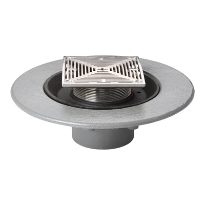 Frost Floor drain 150mm square stainless steel grating 3mm slots with medium sump body and horizontal threaded outlet size 4" BSP