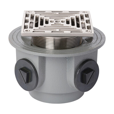 Frost Floor drain 200mm square stainless steel grating and medium sump body with side inlets and threaded outlet size 4" BSP