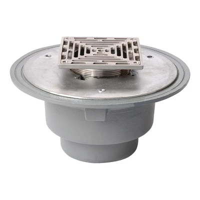 Frost Floor drain 200mm square stainless steel grating with large sump body and spigot outlet size 100mm