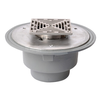 Frost Floor drain 200mm square stainless steel grating with large sump body and spigot outlet size 100mm