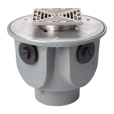 Frost Floor drain 200mm square stainless steel grating with large deep sump body and threaded outlet size 4" BSP