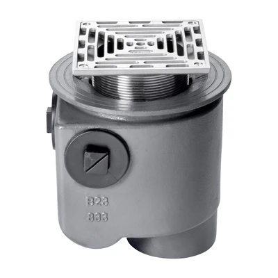 Frost Floor drain 200mm square nickel bronze grating with medium sump -'S' trap - spigot outlet size 100mm