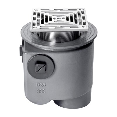 Frost Floor drain 200mm square stainless steel grating with medium sump -'S' trap - spigot outlet size 100mm