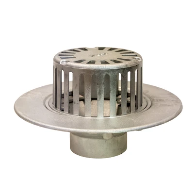 Frost Aluminium Cold Roof drain assembly - fixed anti-vortex dome 220mm circular, medium sump body with clamp, vertical threaded outlet 4" BSP
