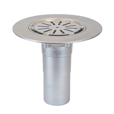 Frost Aluminium Cold Roof drain assembly - aluminium grating, fixed 240mm circular, medium sump body with clamp, vertical 400mm spigot outlet 110mm dia
