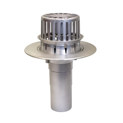 Frost Aluminium Inverted Roof drain assembly - fixed anti-vortex dome 220mm, medium sump body with clamp, vertical 200mm spigot outlet 100mm dia