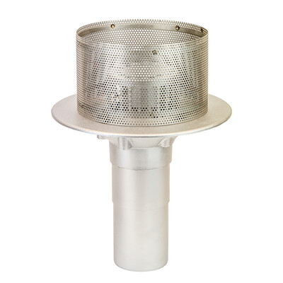 Frost Aluminium Inverted Roof drain assembly - fixed dome 220mm and 150mm gravel guard, medium sump body with clamp, vertical 400mm spigot outlet 110mm dia