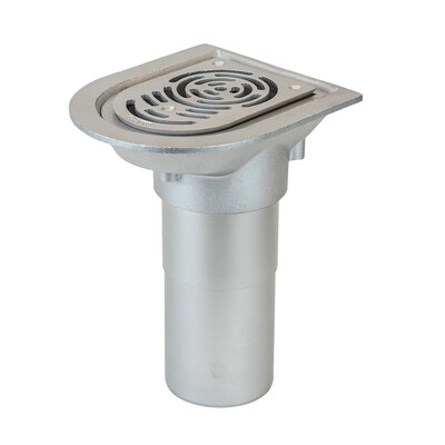 Frost Aluminium Balcony outlet, aluminium grating and clamping ring, small sump body, vertical 200mm spigot outlet 110mm dia