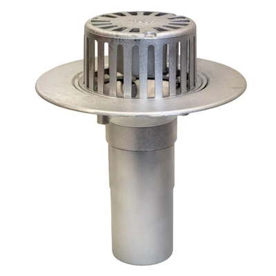Frost Aluminium Cold Roof drain assembly - fixed anti-vortex dome 220mm circular, medium sump body with clamp, vertical 200mm spigot outlet 75mm dia