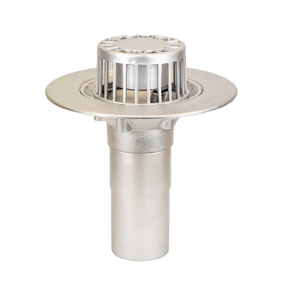 Frost Aluminium Cold Roof drain assembly - fixed anti-vortex dome 220mm circular, medium sump body with clamp, vertical 200mm spigot outlet 75mm dia