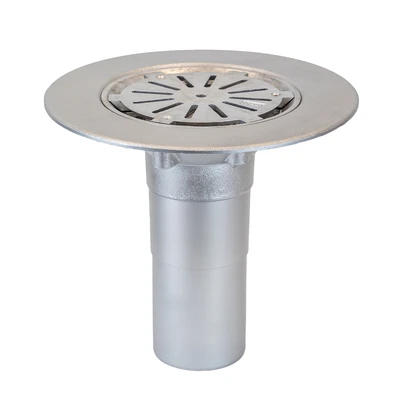Frost Aluminium Cold Roof drain assembly - aluminium grating, fixed 240mm circular, medium sump body with clamp, vertical 200mm spigot outlet 75mm dia