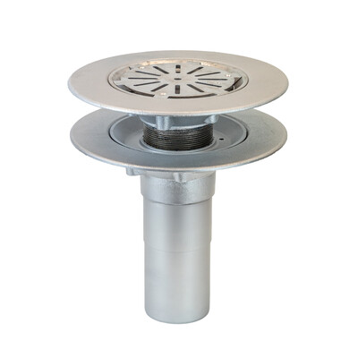 Frost Aluminium Warm Roof drain assembly - aluminium grating, fixed 240mm circular, medium sump body with clamp, vertical 400mm spigot outlet 75mm dia