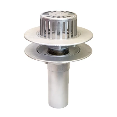 Frost Aluminium Warm Roof drain assembly - fixed anti-vortex dome 220mm circular, medium sump body with clamp, vertical 200mm spigot outlet 75mm dia