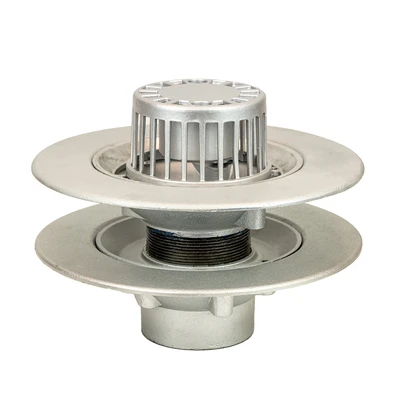 Frost Aluminium Warm Roof drain assembly - fixed anti-vortex dome 220mm circular, medium sump body with clamp, vertical threaded outlet 3" BSP
