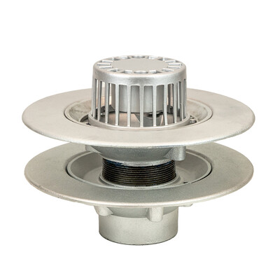 Frost Aluminium Warm Roof drain assembly - fixed dome 220mm circular, medium sump body with clamp, vertical threaded outlet 3" BSP