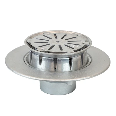 Frost Aluminium Inverted Roof drain assembly - aluminium grating, fixed 240mm circular, medium sump body with clamp, vertical threaded outlet 3" BSP