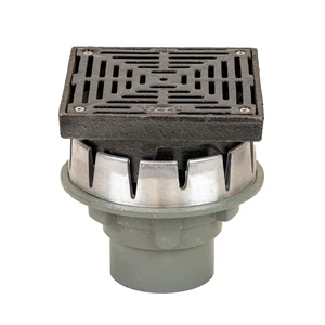 Frost Floor drain assembly medium duty with clamp adjustable 200mm grating square, small sump body cast iron vertical outlet 100mm DIA
