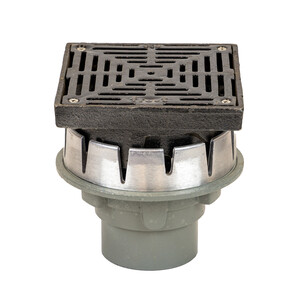 Frost Floor drain assembly medium duty with clamp adjustable 200mm grating square, small sump body cast iron vertical outlet 100mm DIA
