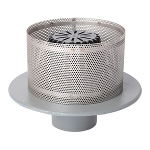 Frost Inverted Roof drain assembly - fixed dome 220mm and 150mm gravel guard, medium sump body with clamp, vertical threaded outlet 4" BSP