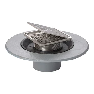 Frost Floor drain 150mm square stainless steel grating with hinged cover plate and medium sump body with spigot outlet size 100mm