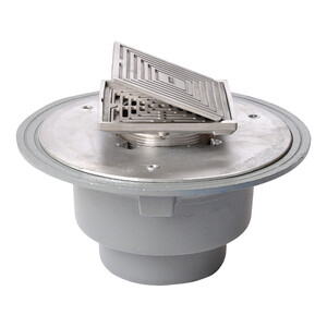 Frost Floor drain 150mm square stainless steel grating with hinged cover plate with large sump body and spigot outlet size 100mm