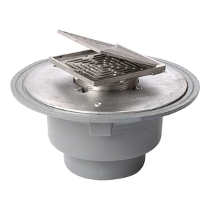 Frost Floor drain 150mm square nickel bronze grating with hinged cover plate with large sump body and threaded outlet size 4" BSP
