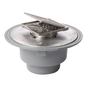 Frost Floor drain 150mm square nickel bronze grating with hinged cover plate with large sump body and threaded outlet size 4" BSP