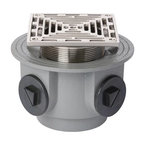 Frost Floor drain 150mm square stainless steel grating and medium sump body with side inlets and threaded outlet size 4" BSP