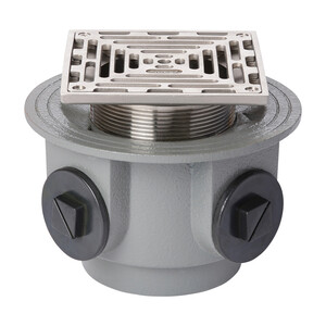 Frost Floor drain 150mm square stainless steel grating and medium sump body with side inlets and threaded outlet size 4" BSP
