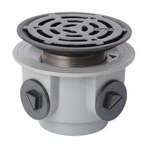 Frost Floor drain 200mm circular ductile iron grating and medium sump body with side inlets and threaded outlet size 4" BSP