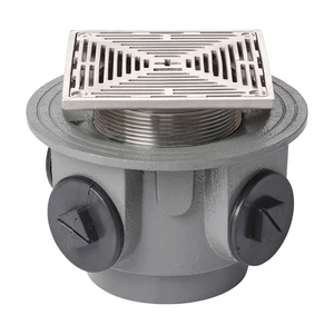 Frost Floor drain 150mm square stainless steel grating 3mm slots and medium sump body with side inlets and threaded outlet size 4" BSP