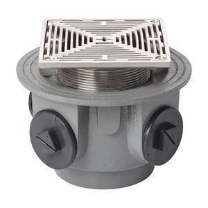 Frost Floor drain 150mm square stainless steel grating 3mm slots and medium sump body with side inlets and threaded outlet size 4" BSP