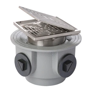 Frost Floor drain 150mm square stainless steel with hinged cover plate and medium sump body with side inlets and threaded outlet size 4" BSP