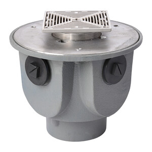Frost Floor drain 150mm square stainless steel grating 3mm slots with large deep sump body and threaded outlet size 4" BSP