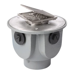 Frost Floor drain 150mm square nickel bronze grating with hinged cover plate with large deep sump body and threaded outlet size 4" BSP