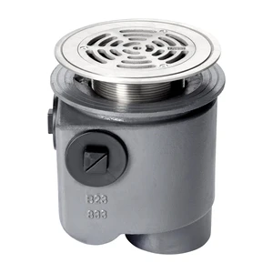 Frost Floor drain 178mm circular stainless steel grating for vinyl floors with medium sump -'S' trap - spigot outlet size 100mm