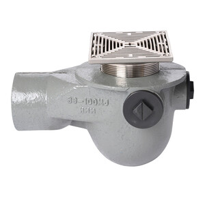 Frost Floor drain 150mm square stainless steel grating 3mm slots with medium sump -'P' trap - spigot outlet size 100mm