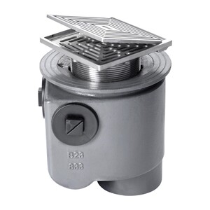 Frost Floor drain 150mm square nickel bronze grating with hinged cover plate with medium sump -'S' trap - spigot outlet size 100mm