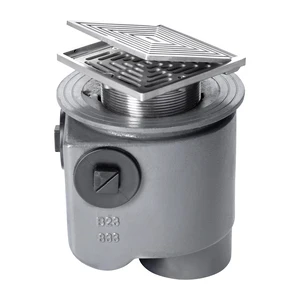Frost Floor drain 150mm square stainless steel grating with hinged cover plate with medium sump -'S' trap - spigot outlet size 100mm