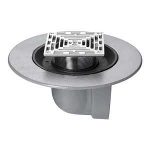Frost Floor drain 150mm square stainless steel grating with medium sump body and horizontal threaded outlet size 4" BSP