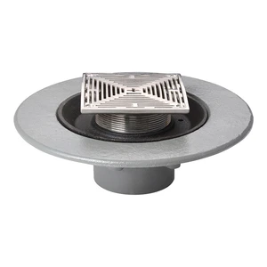 Frost Floor drain 150mm square stainless steel grating 3mm slots with medium sump body and horizontal threaded outlet size 4" BSP