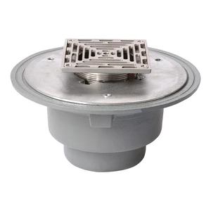 Frost Floor drain 200mm square stainless steel grating with large sump body and spigot outlet size 100mm