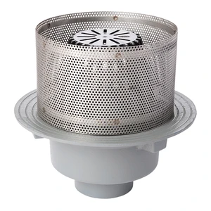 Frost Inverted Roof drain assembly - fixed dome 220mm and 150mm gravel guard, large sump body with clamp, vertical spigot outlet 110mm