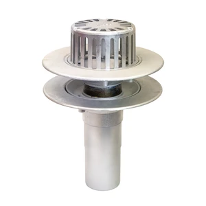 Frost Aluminium Warm Roof drain assembly - fixed anti-vortex dome 220mm circular, medium sump body with clamp, vertical 200mm spigot outlet 100mm dia