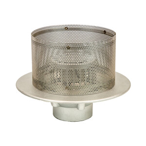 Frost Aluminium Inverted Roof drain assembly - fixed dome 220mm and 150mm gravel guard, medium sump body with clamp, vertical threaded outlet 4" BSP