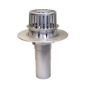 Frost Aluminium Inverted Roof drain assembly - fixed anti-vortex dome 220mm, medium sump body with clamp, vertical 200mm spigot outlet 75mm dia